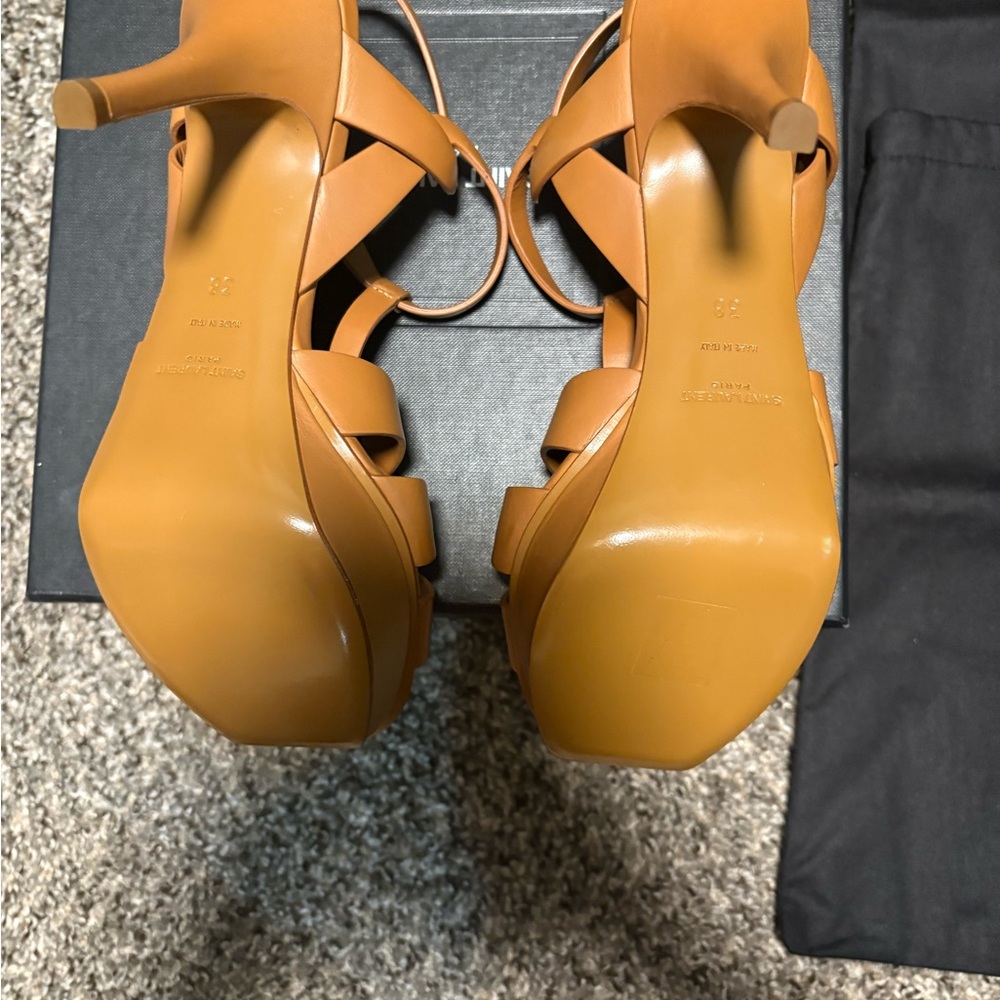 Saint Laurent Tan Leather T-Strap Platform Heels - Picture 11 of 11